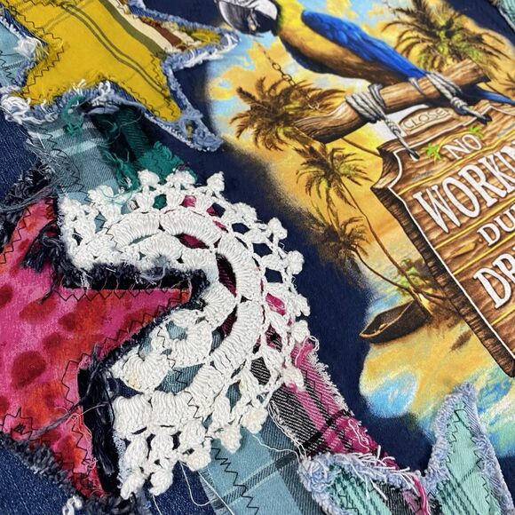 Upcycled Denim Jacket Womens 3X Margaritaville Grunge Patchwork Folk Art Boho - Picture 14 of 15
